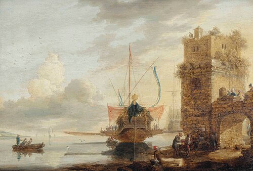 A state galley in the harbour of a fortified town, 1650, Bonaventura Peeters the Younger