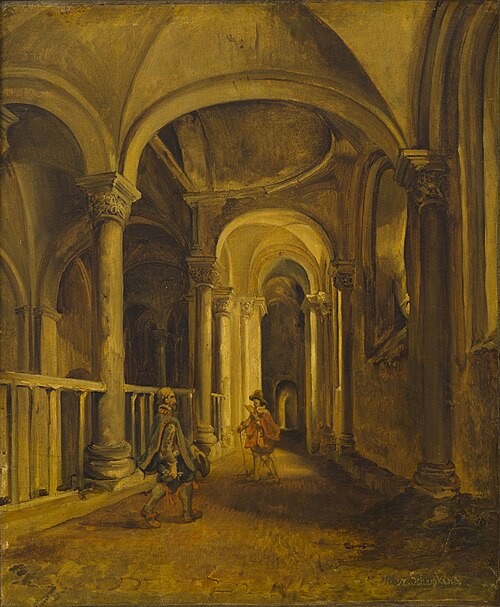 De galerij langs de westzijde van het westkoor in de Sint-Servaaskerk te Maastricht, naar het westen, 1840, Alexandre Schaepkens