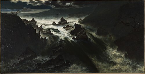 Bergstroom bij Finmarken in Noorwegen, bij maanlicht, 1867, Alexander Wüst