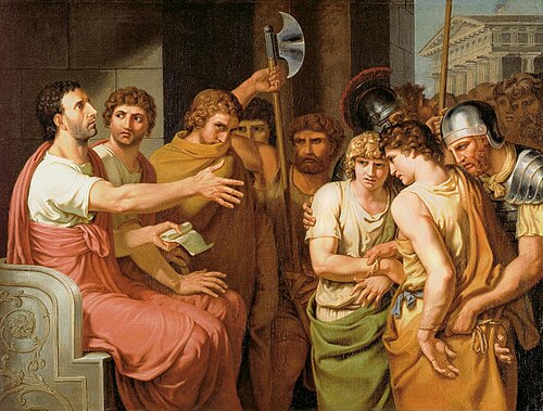 Brutus entdeckt die Namen seiner Söhne auf der Liste der Verschwörer und verurteilt sie zum Tode, 1790, Johann Heinrich Wilhelm Tischb