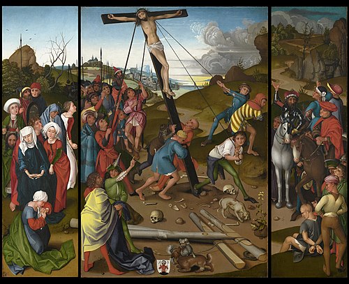 The Raising of the Cross [center, left, and right panels], 1485, Master of the Starck Triptych