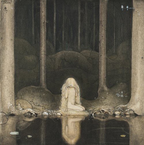 Calme, la princesse Linaigrette est assise et fixe l'eau, 1913, John Bauer