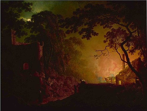 A cottage on fire at night, , Joseph Wright of Derby