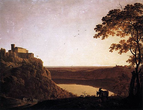 Vue du lac de Nemi au soleil couchant, 1790, Joseph Wright of Derby