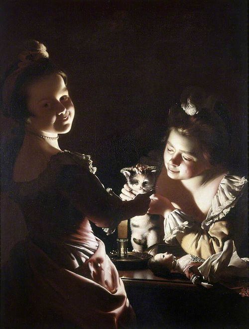 Two Girls Dressing a Kitten by Candlelight, 1768, Joseph Wright of Derby