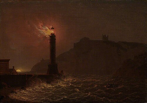 A lighthouse on fire at night, 1790, Joseph Wright of Derby