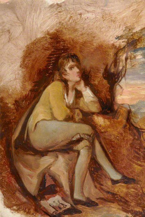 Called Mrs Siddons as 'Rosalind' (after Master Thomas Haden as 'Edwin' from Dr Beattie's 'Minstrel' , 1778, Joseph Wright of Derby