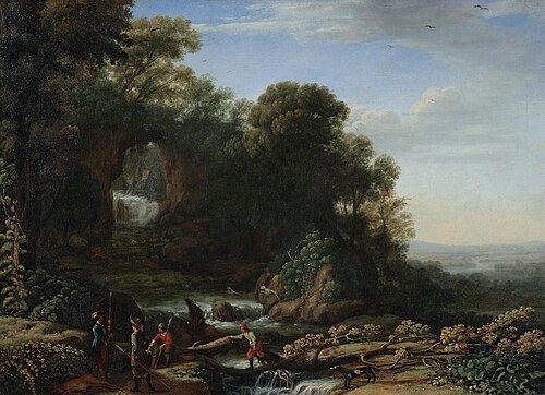 Paysage avec chute d’eau et chasseurs, 1633, Claude Gellée