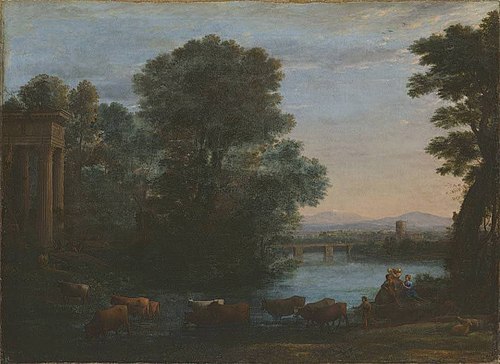 Idyllische Landschaft bei untergehender Sonne, 1670, Claude Gellée