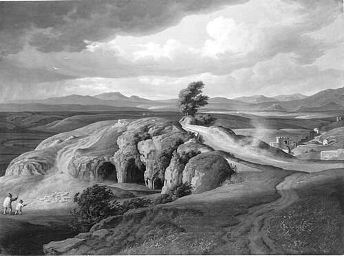 Campagnalandschaft mit Felsenhöhle und Brücke (Umkreis), 1835, Johann Christian Reinhart