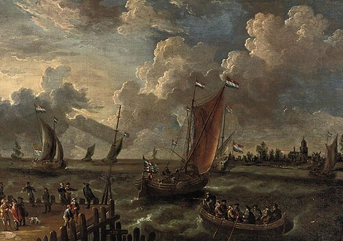Shipping in an estuary with figures on a jetty and a town beyond, 1683, Peter van de Velde