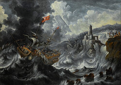 Coastal landscape with shipping in a tempestuous sea, 1697, Peter van de Velde