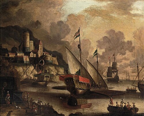 Galleys and other ships at anchor in a natural harbor near a fortified town, 1700, Peter van de Velde