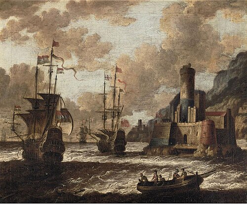 Dutch and English Man O'War off the coast near a fortified town, 1700, Peter van de Velde