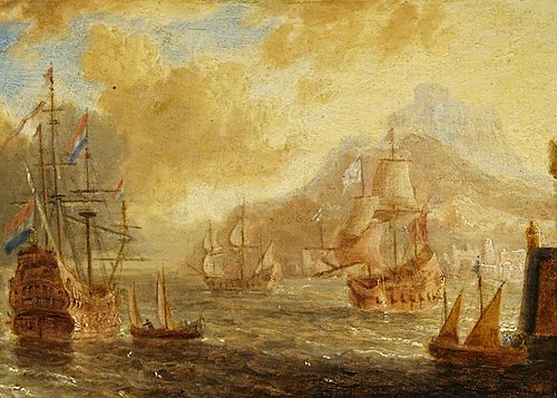 Ships at Anchor Off a Mediterranean Harbour, 1680, Peter van de Velde