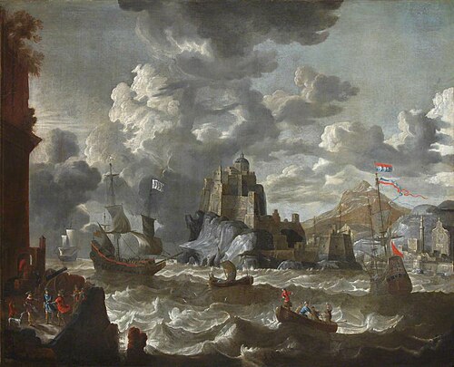 A Mediterranean Port  Scene with Shipping in Choppy Seas and with Fort in the centre, 1672, Peter van de Velde