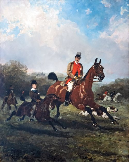 Le comte Geoffroy de Ruillé chassant à courre, son fils à ses côtés, le château de Gallerande au fon, 1892, René Princeteau