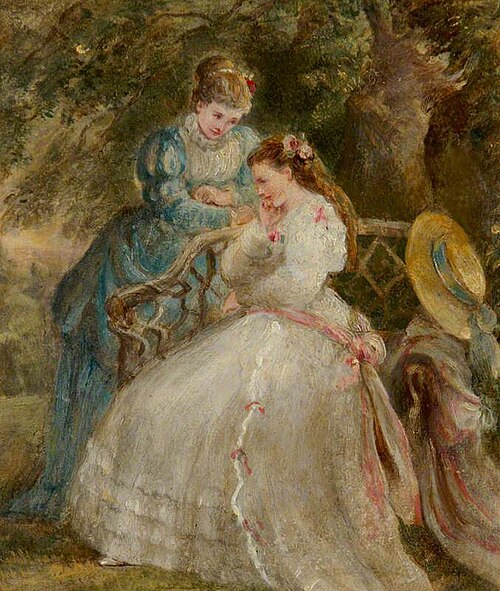 Kate Terry (1844-1924) and Dame Ellen Terry (1847-1928) on a Garden Seat in 'The Hunchback' by Sheri, 1866, Laura Wilson Barker