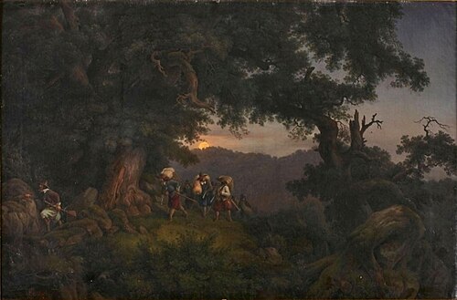 Mountain landscape in the moonlight with Italian soldiers, 1845, Alessandro Castelli