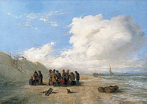 Beach Scene with Fishermen and Fishing Baskets in the Foreground, 1849, Alfred Priest