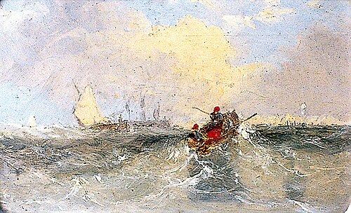 Rough Sea with Rowing Boat and Two Figures, Sailing Vessels in the Background, , Alfred Priest
