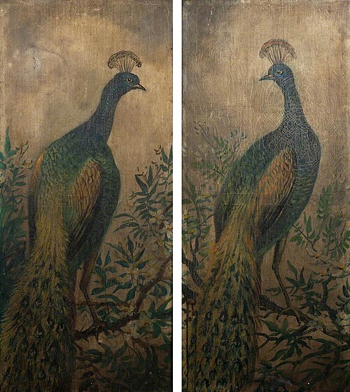 Firescreen with Peacocks and Valleys (recto), , Alfred Worthington