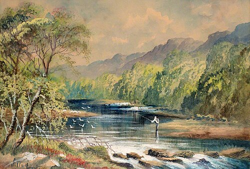 Landscape, Waterfalls and Man Fishing, 1900, Alfred Worthington