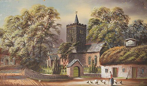 Llanbadarn Church and the 'Black Lion', 1900, Alfred Worthington