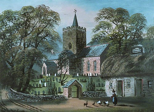 Llanbadarn Church and 'Black Lion' Inn, 1890, Alfred Worthington