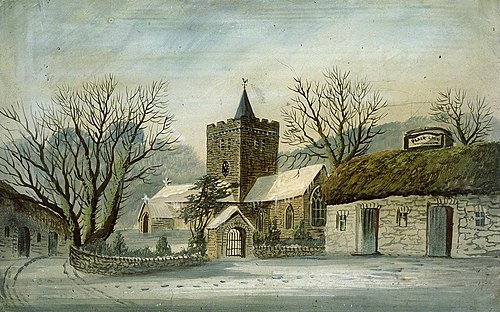 Llanbadarn Fawr Church and 'Black Lion' Inn, 1890, Alfred Worthington