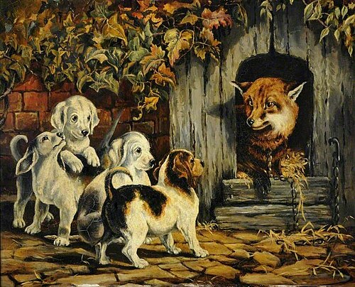 A Fox in a Kennel with Puppies, 1875, Aline Thellusson