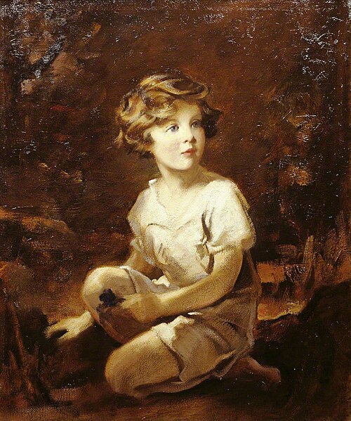 Lady Mairi Stewart (1921–2009), Later Lady Mairi Bury, Aged Four, Kneeling by a Tree, 1925, Edmond Brock