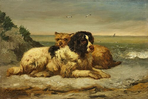 Two dogs at the coast, 1850, Edouard Woutermaertens