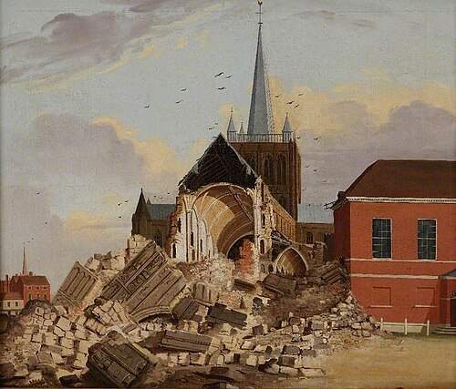 Fall of the West Tower, Hereford Cathedral, 1786, Edward Abbot