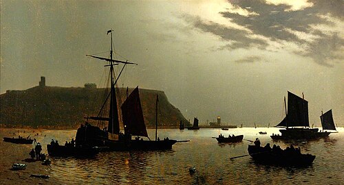 Scarborough, Castle Hill and Harbour by Moonlight, 1876, Alphonse Neumans