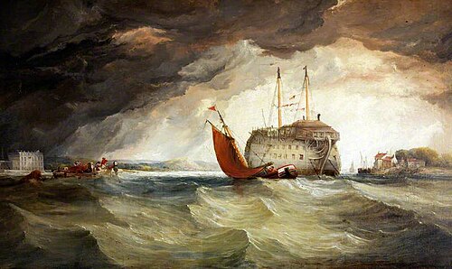 Fishing Boat by a Hulk Ship in an Estuary, , Edward Francis Drew Pritchard