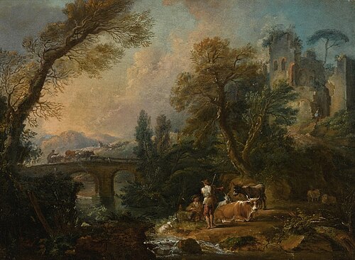 A pastoral landscape with herders and their animals resting beside a river, a bridge beyond, 1700, Jacques Nicolas Julliard
