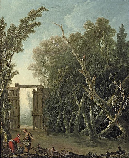 A wooded garden with a gate and figures in the foreground, 1750, Jacques Nicolas Julliard