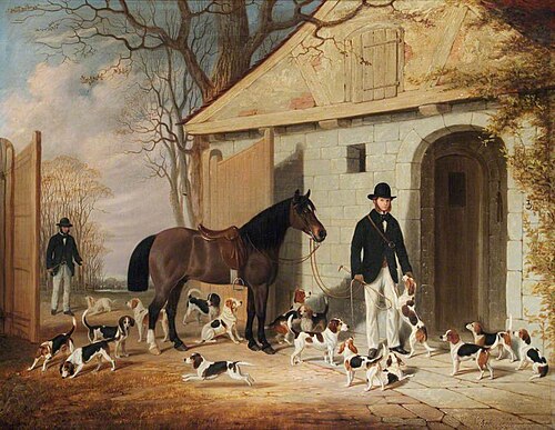 Mr George Charles Benn and Mr Anthony Staresmore Benn with Their Beagles at the Kennels, Benn Fields, 1852, Edwin Brown