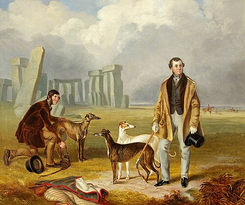 Charles Randell with Greyhounds at Stonehenge, , James Flewitt Mullock