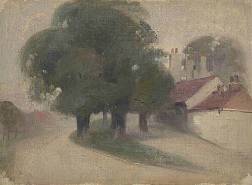 Trees, Buildings, Path, , James Hargreaves Morton