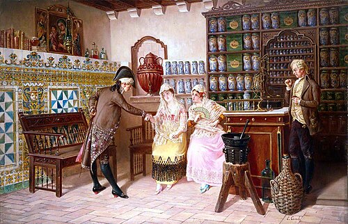 A Medical Practitioner Taking a Lady's Pulse in a Pharmacy, 1882, Emilio Casals y Camps