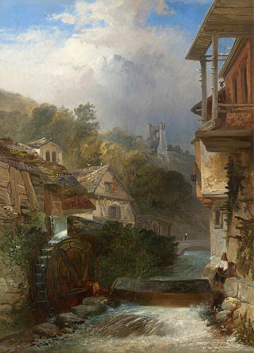 River with Watermill and Village beyond, 1864, James Vivien De Fleury