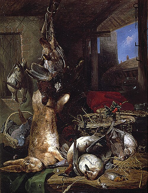 Still Life of Dead Ducks, a Hare with a Basket and a Sprig of Holly, 1853, Emily Stannard