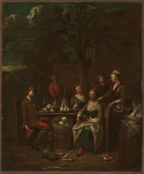 Scene by a stand with vegetables, , Jan Baptist Lambrechts