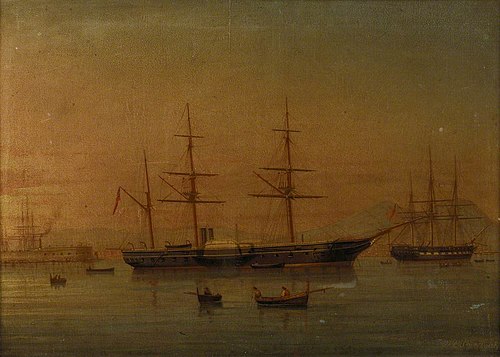 A paddle frigate at anchor off Naples, 1862, 