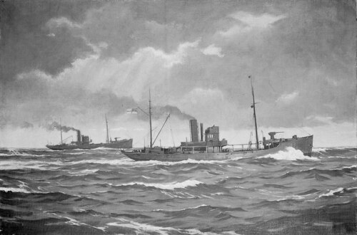 Minesweeping trawlers at work, 1950, Arthur Douglas Wales-Smith