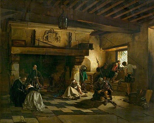 Interior with Armed Men and a Family Group, 1845, Eugène Delfosse