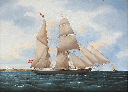 Seascape with a sailing ship "Johanne" with Kronborg in the background, 1837, Jens Thielsen Locher
