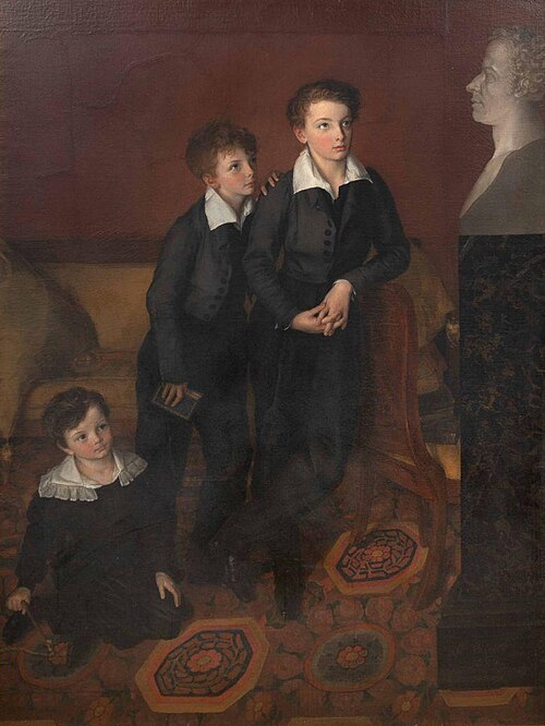 Portrait des trois fils du général Foy contemplant le buste de leur père, 1826, Augustine Cochet de Saint-Omer